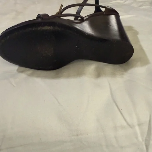 Saint Laurent Dark Brown Heels with Gold Logo - Picture 2 of 6